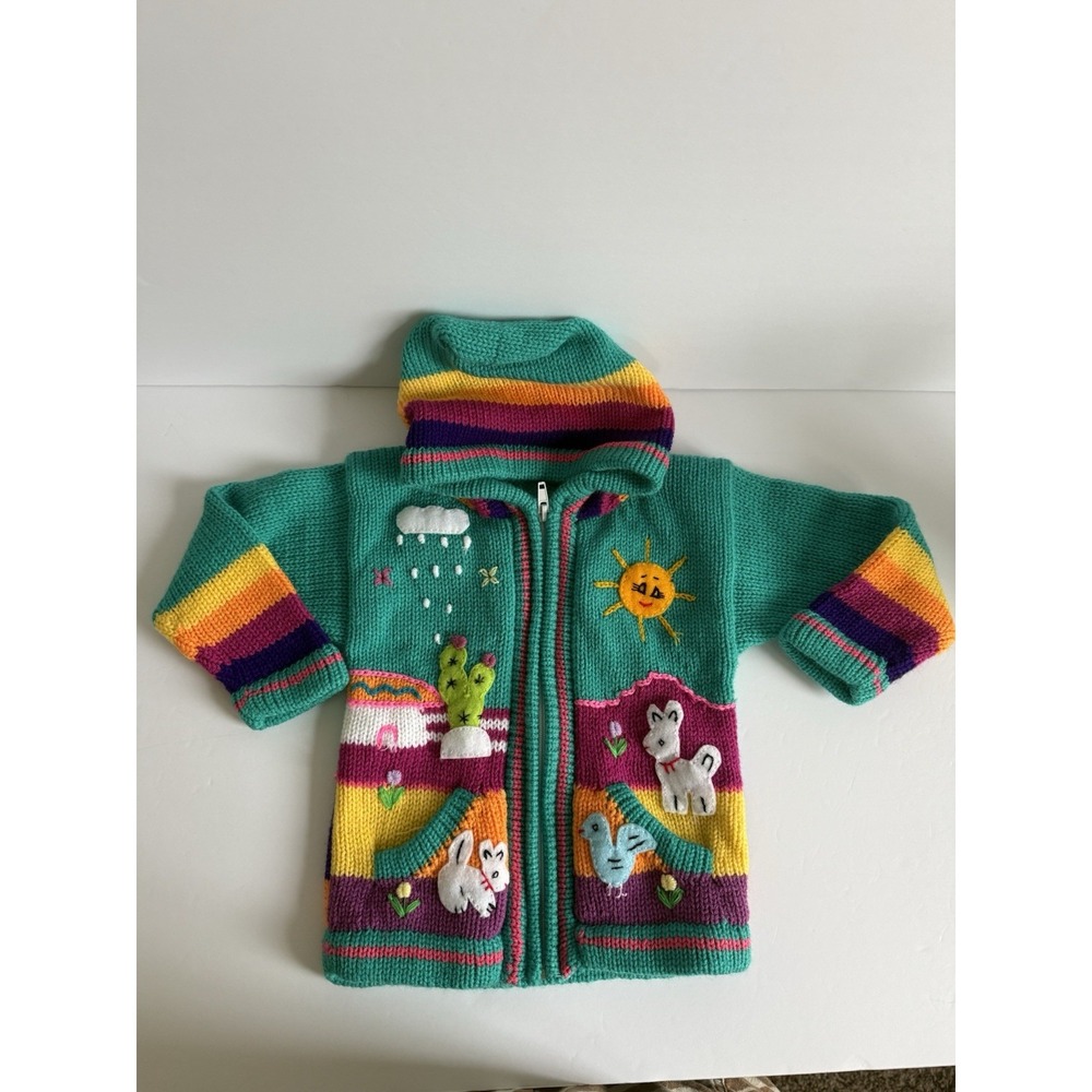 Peruvian Full Zip Sweater Sz 2T Teal Hooded Rainbow Striped Long Sleeve Handmade